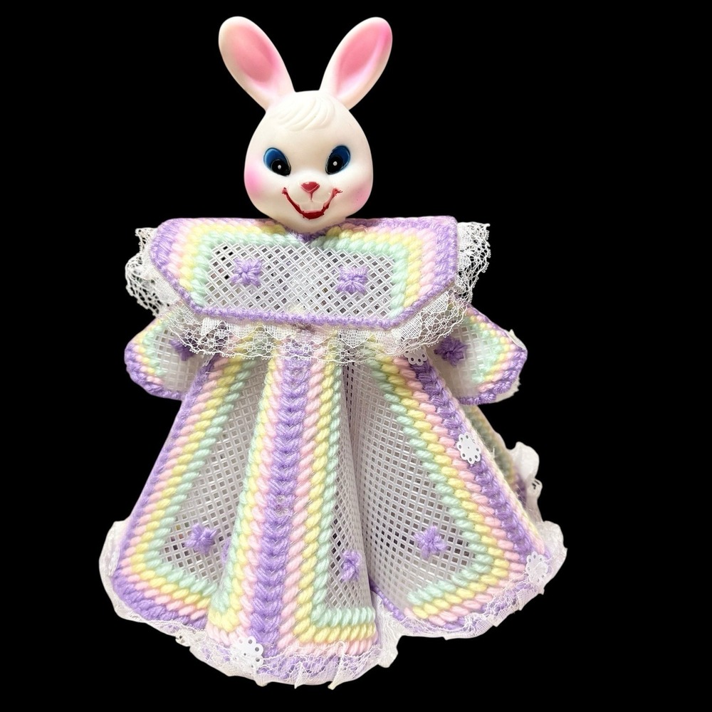 Vtg Creepy Plastic  Canvas Easter Bunny Doll‎ W/pastel Spring Color Yarn & Lace